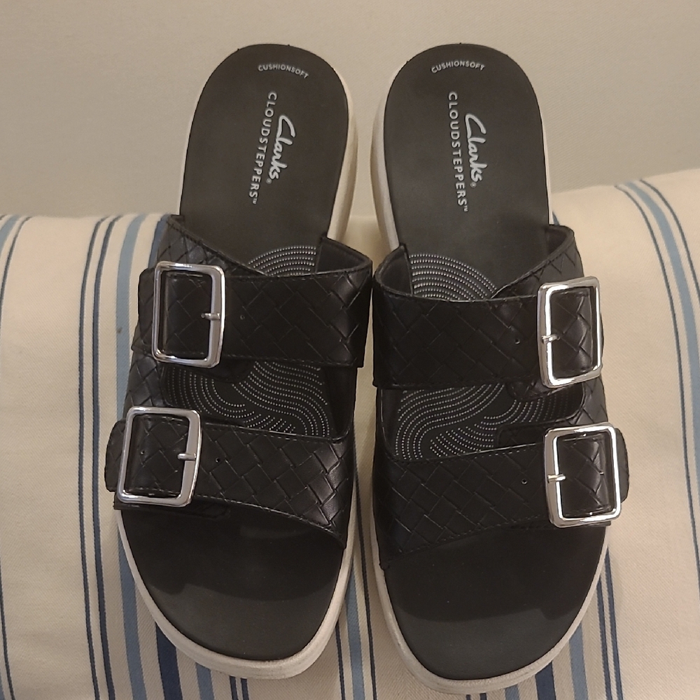 Clarks Cloudsteppers Womens Slide Sandals Drift Buckle Woven Black 9M